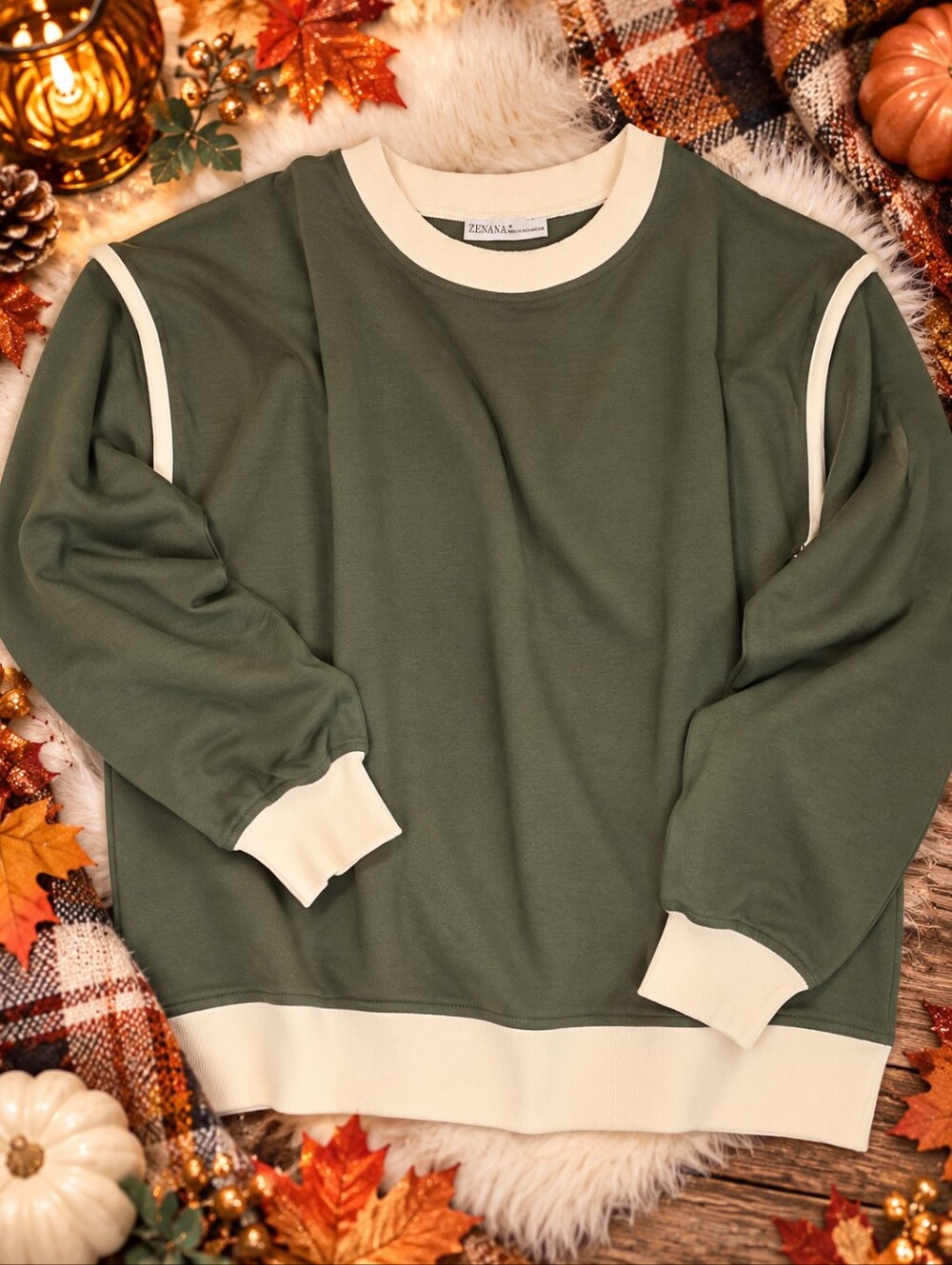 Zenana Olive Green Cream Colorblock Sweatshirt Pullover Size M NWOT